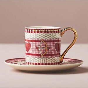 Anthropologie Valentine’s Bistro Tile Espresso Cup & Saucer Set Bow Cupid Heart